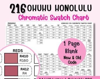 Ohuhu 216 Honolulu Swatch Chart Printable | Neue und alte Codes | Chromatische Farbkarte | A4 US Letter | Blanko DIY Version