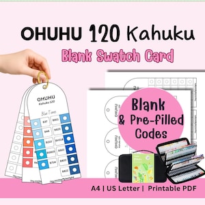 Tarjetas de muestras de marcadores acrílicos Ohuhu Kahuku 120 / Tabla de colores imprimible en PDF / Muestra en blanco con códigos prellenados / Descarga instantánea