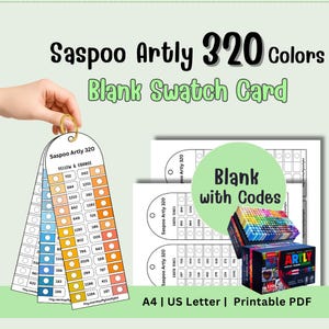 Könnte beinhalten: Bild von leeren Farbkarten und Markern mit dem Text "Saspoo Artly 320 Colors Blank Swatch Card". Die Karten zeigen Farbfelder und Codes. Eine Box mit Markern mit dem Text "Artly 320" ist ebenfalls zu sehen.