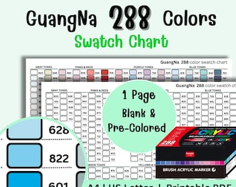 May include: A printable A4 colour swatch chart with 288 colours, labelled "GuangNa." The chart includes colour swatches in various tones, including grey, pink, red, purple, and blue. A box of acrylic brush markers is visible.