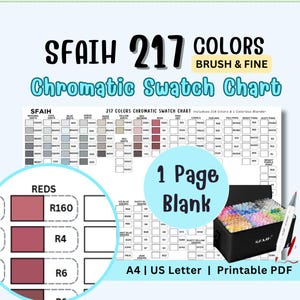 May include: A SFAIH 217 colors chromatic swatch chart printable PDF for brush and fine markers. The document includes a grid of color codes, a blank page, and a black storage case filled with markers. Text includes SFAIH 217 COLORS, A4, and US Letter.