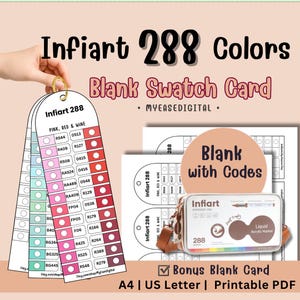 May include: Infiart 288 colours blank swatch card printable PDF set. Includes sheets with colour codes, circular spaces for testing, and a bonus blank card. Features a clear plastic case for 288 liquid acrylic markers with a brown strap and label.