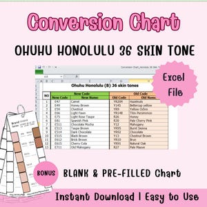 Op de afbeelding: Een digitale conversietabel voor Ohuhu Honolulu 36 huidtinten. De tabel bevat kleurcodes, namen en bijbehorende oude codes. De afbeelding bevat ook een Excel-bestand en een bonus lege en voorgevulde tabel.