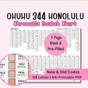 May include: A white printable PDF swatch chart for Ohuhu 344 Honolulu markers. The chart includes color swatches, color codes, and the text "Chromatic Swatch Chart". The chart is available in US Letter and A4 sizes.