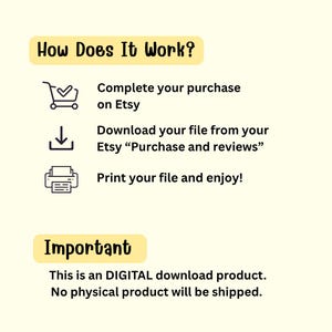 May include: A digital download product guide with the title "How Does It Work?" in a yellow banner. The guide includes steps: complete purchase on Etsy, download file from Etsy, and print. The bottom banner states "Important: This is a DIGITAL download product."