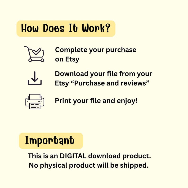 May include: A digital download product guide with the title "How Does It Work?" in a yellow banner. The guide includes steps: complete purchase on Etsy, download file from Etsy, and print. The bottom banner states "Important: This is a DIGITAL download product."