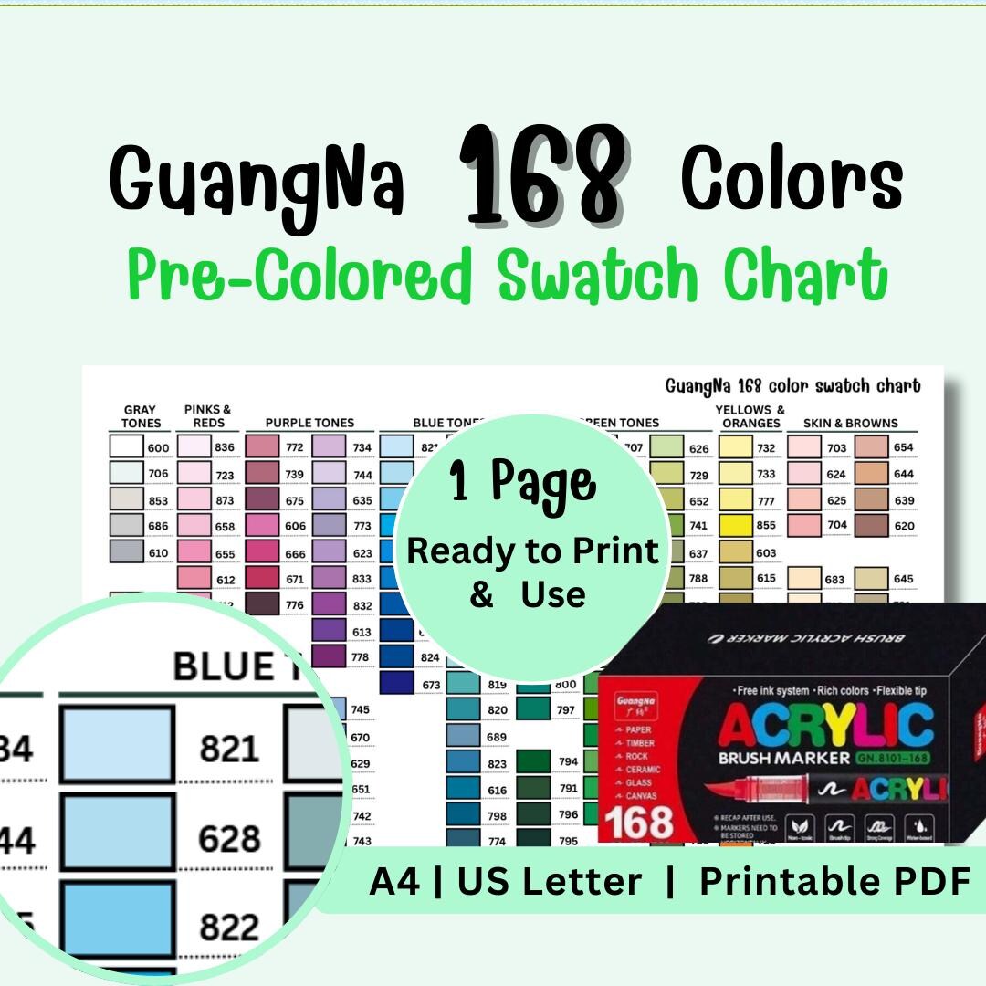 Guangna 168 Pre-colored Swatch Chart Printable Acrylic Marker Color ...
