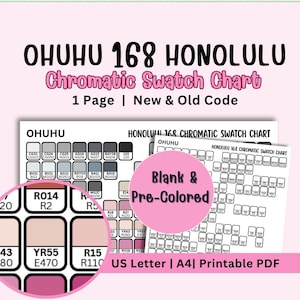 Puede incluir: Tabla de muestras cromáticas PDF imprimible para marcadores Ohuhu 168 Honolulu. La tabla incluye muestras de color, un código de color y el texto "Blank & Pre-Colored". Disponible en tamaños US Letter y A4.