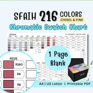 May include: A printable PDF chromatic swatch chart with 216 colors, chisel and fine tip. The chart includes color swatches, a box of markers, and a single marker. The text on the chart reads "SFAIH 216 COLORS Chromatic Swatch Chart".