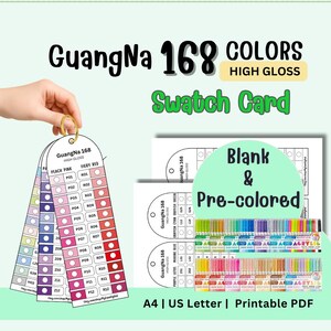 GuangNa - 168 marcadores acrílicos de alto brillo (tarjeta de muestra, PDF imprimible, en blanco y precoloreados, tamaño carta A4)
