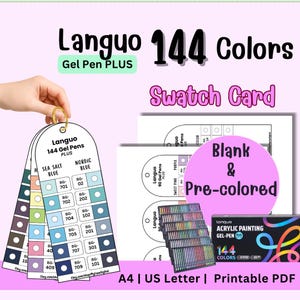 Op de afbeelding: Een set Languo 144 Colors Gel Pen PLUS kleurkaarten met lege en vooringevulde sjablonen. De kaarten zijn georganiseerd aan een gouden ring en bevatten labels zoals Sea Salt Blue en Nordic Blue. Dit is een printbaar A4 en US Letter PDF.