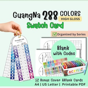 以下が含まれることがあります： GuangNa 288色の高光沢スウォッチカードセット。A4およびUSレターサイズの印刷可能なPDFページが含まれています。整理されたカラーシリーズ、コード付きの空白カード、ボーナス表紙がセットになっており、リング綴じのカラーチャートと共に表示されています。