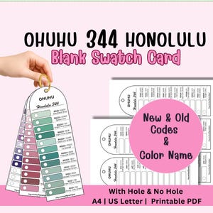 Op de afbeelding: Blanco kleurstalenkaarten met de tekst "OHUHU 344 HONOLULU Blank Swatch Card". De kaarten tonen kleurstalen in tinten groen, blauw en paars. De afbeelding bevat ook de tekst "New & Old Codes & Color Name".