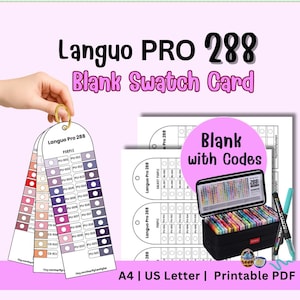 Könnte beinhalten: Languo PRO 288 leere Farbmusterkarte als druckbares PDF in A4 und US Letter. Das Set enthält mehrere vertikale Karten mit kreisförmigen Farbmusterfeldern und vorgedruckten Codes, die nach Farbfamilien sortiert sind, sowie einen Stiftebehälter.