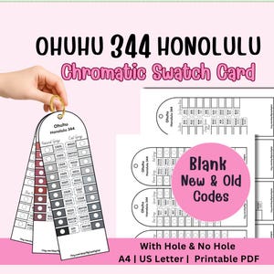Op de afbeelding: Een set Ohuhu 344 Honolulu chromatische kleurstalenkaarten. De kaarten tonen kleurstalen met codes voor natuurlijke grijstinten, koele grijstinten en blauwtinten. De tekst "Chromatic Swatch Card" is zichtbaar. Verkrijgbaar met of zonder gaten en in A4- of US Letter-formaat.