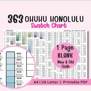 May include: A printable PDF swatch chart for Ohuhu Honolulu 363 markers. The chart features a grid layout with color swatches and codes, including "New & Old Code" and "1 Page Blank" labels. The text "A4 | US Letter | Printable PDF" is also visible.