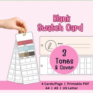 以下が含まれることがあります： 金色のリングで保持された、カラーサンプルと「3 Tones & Cover」というテキストが入ったピンク色の円が特徴の、空白のカラーチャートカードのセットです。カードには「Color」とラベルが付けられ、ブランド情報用のスペースが含まれています。