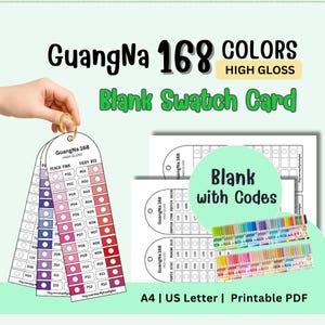 Puede incluir: Un conjunto de tarjetas de muestra en blanco con códigos de color, etiquetadas como "GuangNa 168 COLORS HIGH GLOSS". La imagen incluye una tarjeta de muestra de color sostenida por una mano y una hoja con círculos de color en blanco.