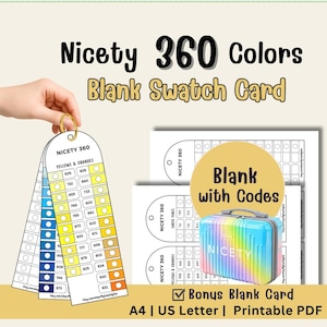 Può includere: Un set di schede campione vuote Nicety 360 con una striscia di carta verticale dotata di codici colore e spazi circolari per i campioni. Il set include file PDF stampabili in formato A4 e US Letter, una scheda vuota bonus e un astuccio arcobaleno.