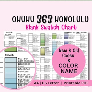 Peut inclure: Un nuancier PDF imprimable pour les marqueurs Ohuhu 363 Honolulu. Le tableau comprend les noms et codes de couleurs, avec des sections pour les bleus, les gris chauds et les verts jaunes. Le tableau est disponible en formats A4 et US Letter.