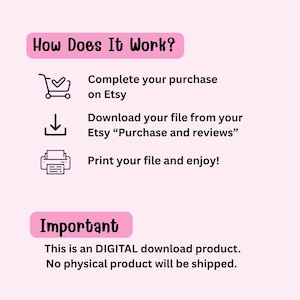 K&ouml;nnte beinhalten: Rosa Grafik mit der Frage "Wie funktioniert es?" und Anweisungen f&uuml;r digitale Downloads: Kauf auf Etsy, Download aus "K&auml;ufe und Bewertungen" und Drucken. Der Text "Wichtig" weist darauf hin, dass es sich um einen digitalen Download handelt.