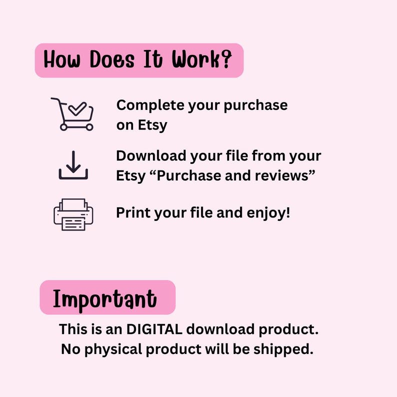 K&ouml;nnte beinhalten: Rosa Grafik mit der Frage "Wie funktioniert es?" und Anweisungen f&uuml;r digitale Downloads: Kauf auf Etsy, Download aus "K&auml;ufe und Bewertungen" und Drucken. Der Text "Wichtig" weist darauf hin, dass es sich um einen digitalen Download handelt.
