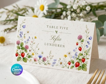 Midsummer Place Cards | Nordic Wildflower Strawberry | Editable Canva Template