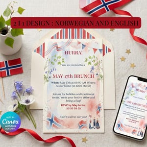 May include: A festive invitation for a May 17th brunch, featuring Norwegian flags and floral accents. The design includes the text "HURRA!" and details for the event, along with a smartphone displaying the invitation. A red ribbon and decorative elements complete the scene.