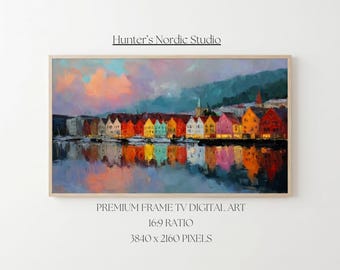 Bergen Norway Frame TV Art – Colourful Bryggen Harbour Painting for Samsung TV