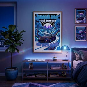 May include: A framed poster with a car graphic, featuring the text "NISSAN R34 TOKYO DRIFT ICON NEO-TOKYO NIGHTS." The artwork showcases a dark purple car on a winding road with a cityscape and a sunburst design. Two smaller matching posters are also visible.