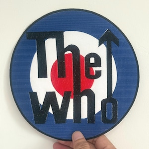 Puede incluir: Un parche redondo con el texto "The Who" en negro, con un diseño de diana. La diana tiene un centro rojo, un círculo blanco y un anillo exterior azul. Una flecha apunta hacia arriba.
