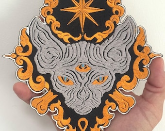 3 Augen Sphinx Logo Katzen Amulette Alte ägyptische Sphinx Symbol Stickerei Aufnäher zum Aufnähen