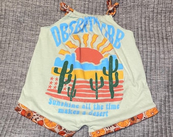 Tie strap bubble romper desert vibes graphic t upcycle