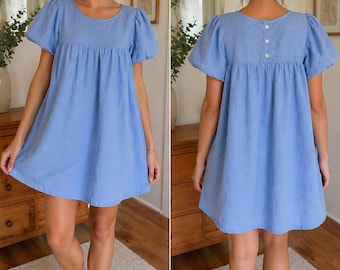 Puff Sleeve Babydoll Dress Light Blue Cottagecore Dress Flowy Mini Dress Summer Casual Soft Girl Outfit Handmade