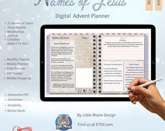 May include: A digital tablet displaying a Names of Jesus Advent planner with a spiral-bound layout. The screen shows Day 5, Good Shepherd, with sections for scripture, Christmas considerations, and guided prayer. Includes a stylus and digital tabs.
