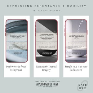 May include: A digital product set featuring three phone screens with inspirational quotes and text. The screens are framed in a reddish-brown color. The text includes phrases like "Create in me a clean heart" and "Humble yourselves before the Lord."