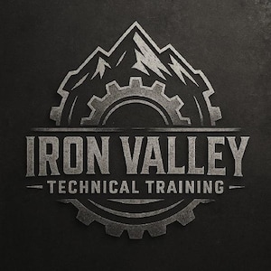 May include: A grayscale logo for "Iron Valley Technical Training" on a dark background. The design features a mountain range above a gear, with the text in a bold, textured font. The words "Technical Training" are below "Iron Valley".