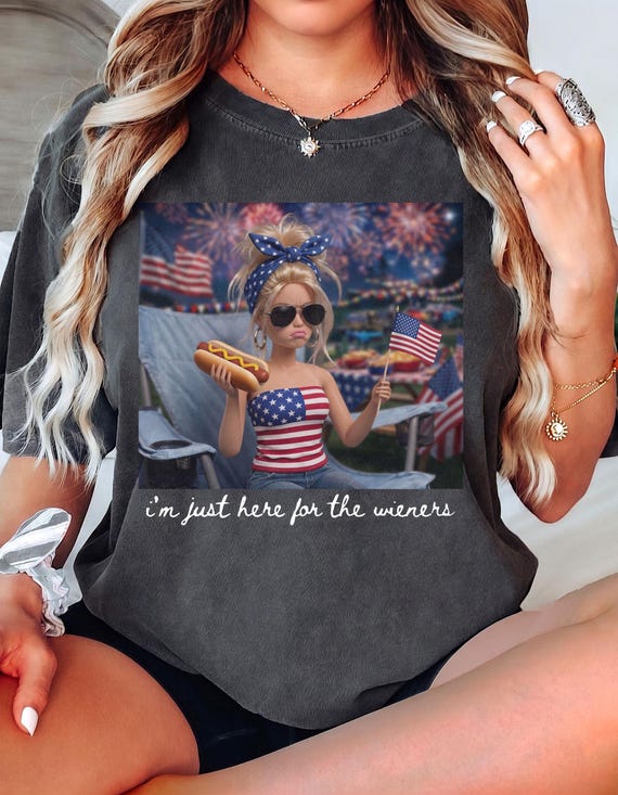 Funny Doll Face 4th of July Shirt, Just Here For the Wieners Barbie Tshirt, USA 250th Anniversary Patriotic, Hotdogs Independence Day Humor