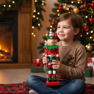 Puede incluir: Un niño sostiene un cascanueces navideño de madera. El cascanueces está pintado con detalles rojos, verdes y blancos, y el niño lleva un suéter marrón y vaqueros azules. Un árbol de Navidad y una chimenea están en el fondo.