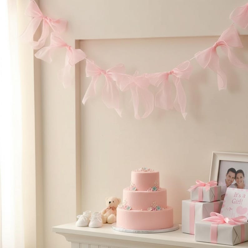May include: A three-tiered pink cake with floral decorations sits on a white surface, next to a teddy bear, baby shoes, and wrapped gifts. A banner of pink bows hangs above. A framed photo and a card that says "It's a Girl!" are also present.