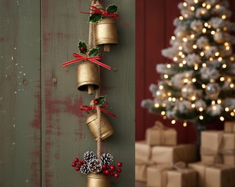 Rustic Vintage Brass Christmas Bells Garland – Farmhouse Holiday Door & Mantel Decor