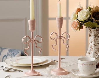 Pink Bow Candlestick Holders – Romantic French Vintage Candle Stands (Two Sizes)