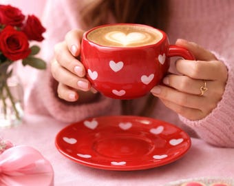 Juego de taza y platillo de café con forma de corazón de San Valentín (rojo o blanco)