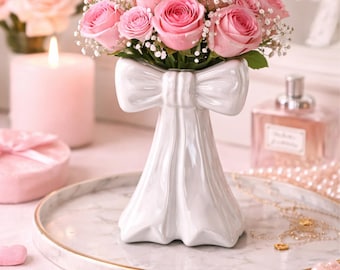 Bow Ceramic Vase & Makeup Brush Holder – Pink Girly Room Decor