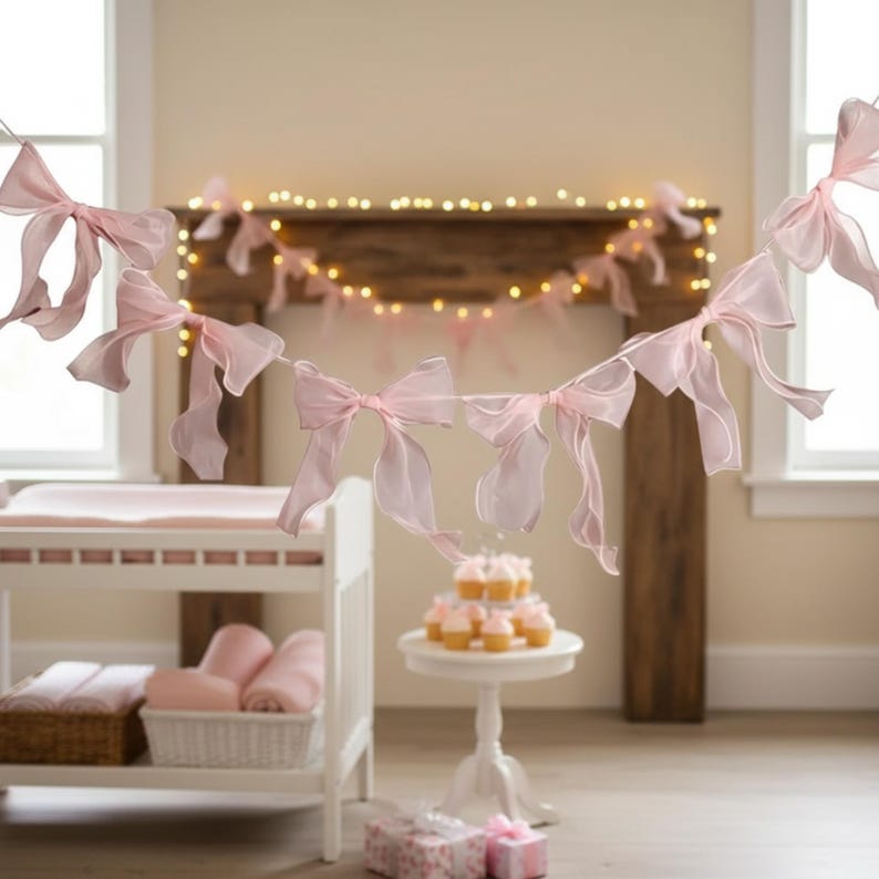 May include: A string of light pink organza bows hangs in front of a white changing table and a small white table with cupcakes. A wooden mantel with fairy lights is in the background. The room is decorated in soft pink tones.