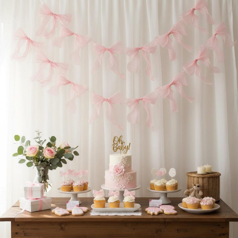 May include: A baby shower dessert table with a two-tiered pink cake, cupcakes, and cookies. A garland of pink bows hangs above the table. The cake is topped with a gold "Oh Baby!" cake topper. A vase of pink roses and a gift box are also on the table.