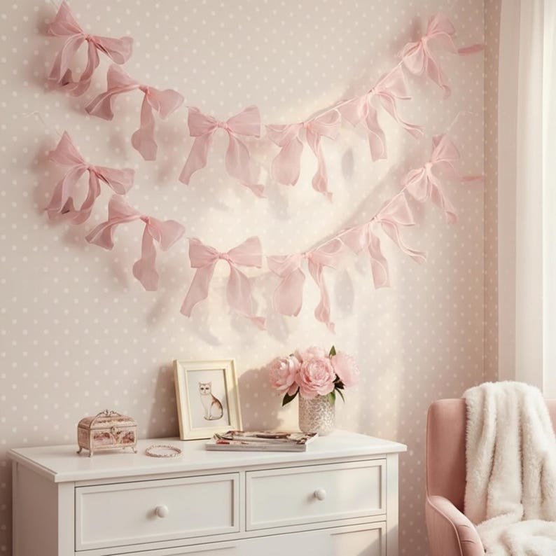 May include: Pink sheer ribbon bows are strung across a wall with a polka dot pattern. A white dresser holds a framed cat picture, a jewelry box, and a vase of pink flowers. A pink armchair with a white blanket is in the corner.
