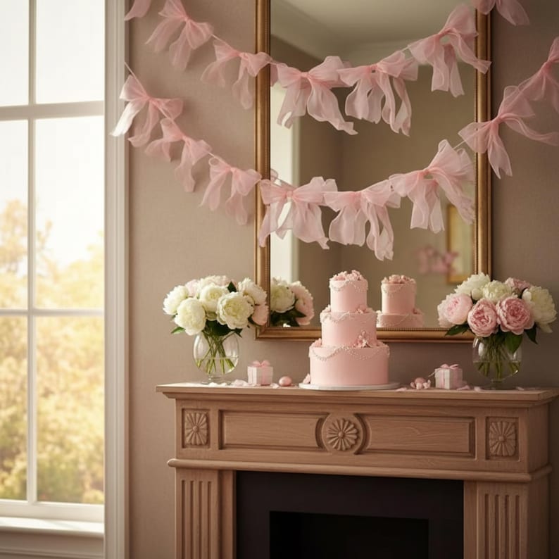 May include: A pink tiered cake, small gift boxes, and bouquets of white and pink flowers decorate a wooden mantel. A garland of pink bows hangs above a gold-framed mirror, creating a festive and elegant atmosphere.