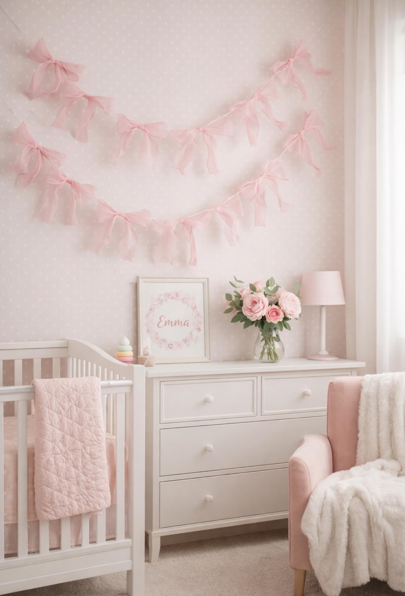 May include: A soft pink nursery with a white crib and dresser. A pink blanket hangs on the crib, and a framed print with the name "Emma" is on the dresser. Pink bows decorate the wall, and a pink armchair sits nearby.