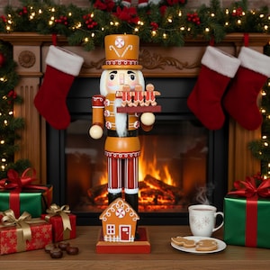 Puede incluir: Un gran cascanueces decorativo de madera en un ambiente festivo. El cascanueces está pintado en tonos naranja, marrón y rojo, sosteniendo una bandeja de hombres de jengibre. Una casa de jengibre se encuentra en su base. El fondo incluye una chimenea, medias y regalos.